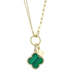 0.17CT DIAMOND & 1.88CT MALACHITE CLOVER PAPER CLIP LINK NECKLACE
