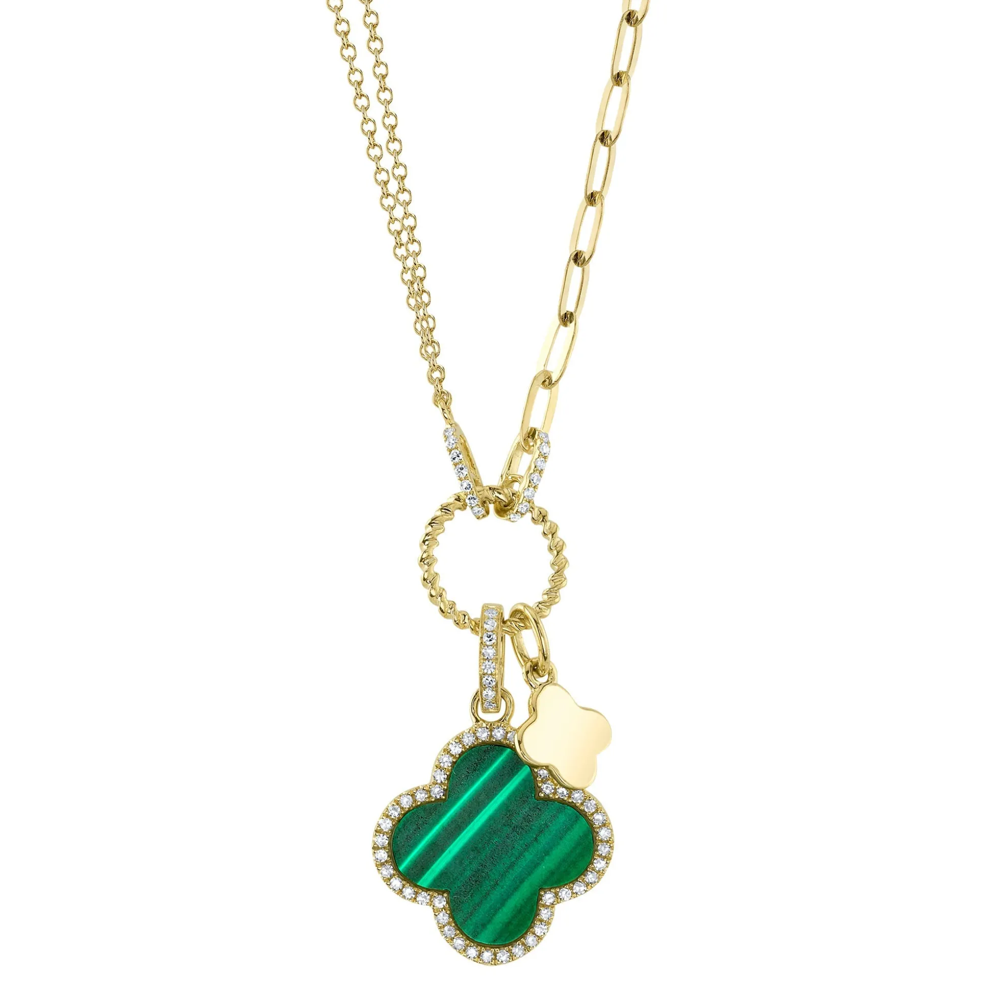 0.17CT DIAMOND & 1.88CT MALACHITE CLOVER PAPER CLIP LINK NECKLACE
