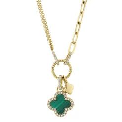 0.12CT DIAMOND & 0.54CT MALACHITE CLOVER PAPER CLIP LINK NECKLACE