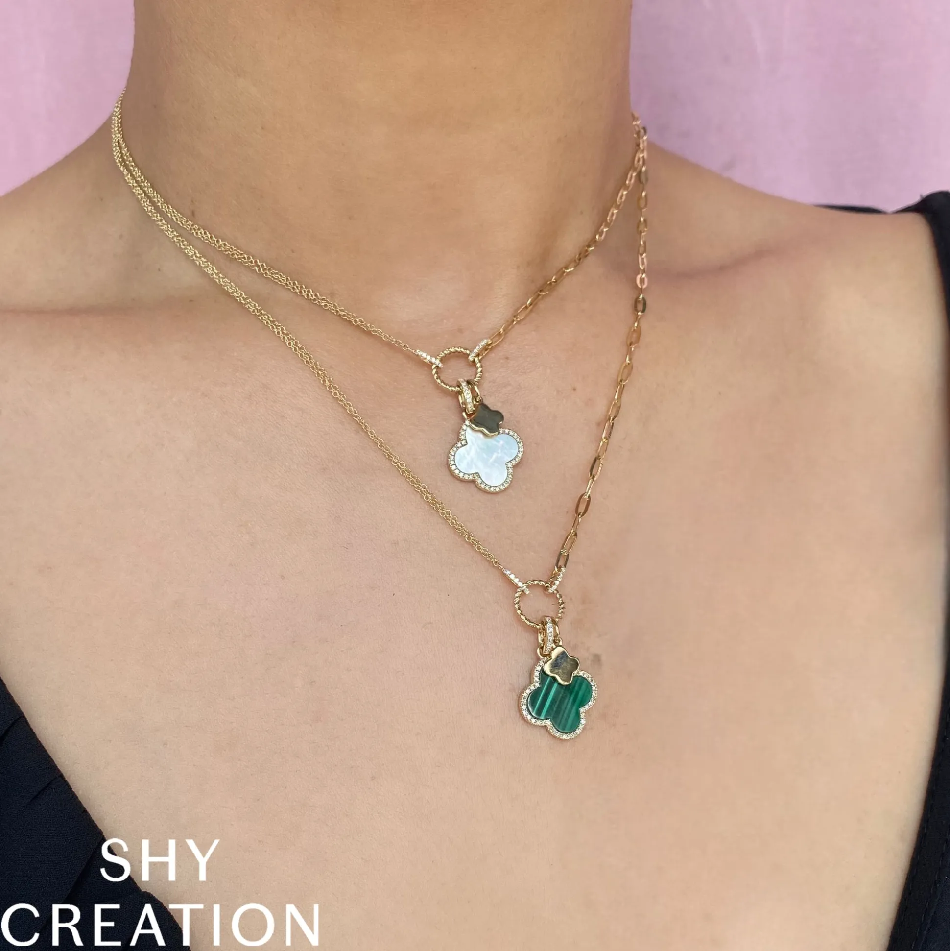 0.17CT DIAMOND & 1.88CT MALACHITE CLOVER PAPER CLIP LINK NECKLACE
