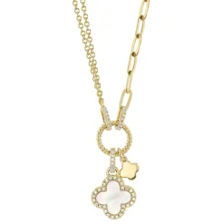 0.12CT DIAMOND & 0.54CT MOTHER OF PEARL CLOVER PAPER CLIP LINK NECKLACE