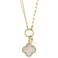 0.17CT DIAMOND & 1.36CT MOTHER OF PEARL CLOVER PAPER CLIP LINK NECKLACE