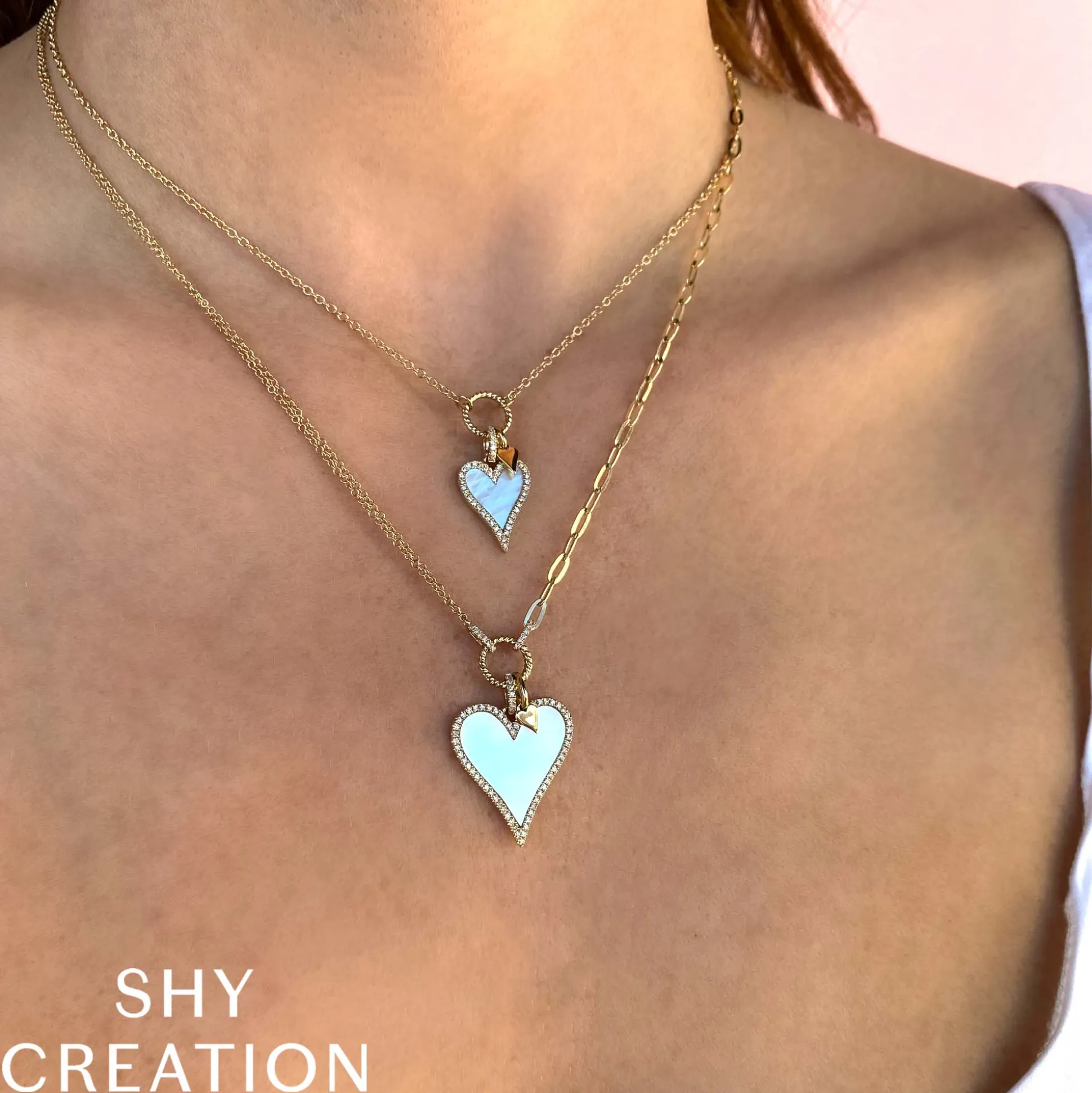 0.20CT DIAMOND & 2.07CT MOTHER OF PEARL HEART PAPER CLIP LINK NECKLACE