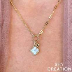 0.12CT DIAMOND & 0.54CT MOTHER OF PEARL CLOVER PAPER CLIP LINK NECKLACE