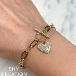 0.41CT DIAMOND PAPER CLIP LINK PAVE HEART BRACELET
